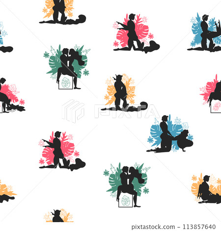 Kama Sutra, seamless pattern, design, poster, fabric. Kamasutra, sketchy poses for making love. Set. 113857640