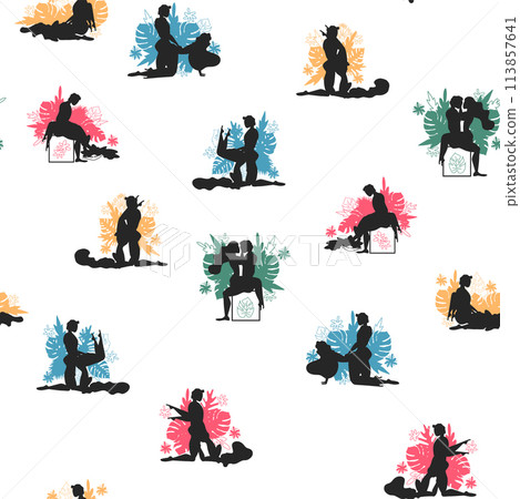 Kama Sutra, seamless pattern, design, poster, fabric. Kamasutra, sketchy poses for making love. Set. Kama Sutra, seamless pattern, design, poster, fabric. Kamasutra, sketchy poses for making love. Set. 113857641