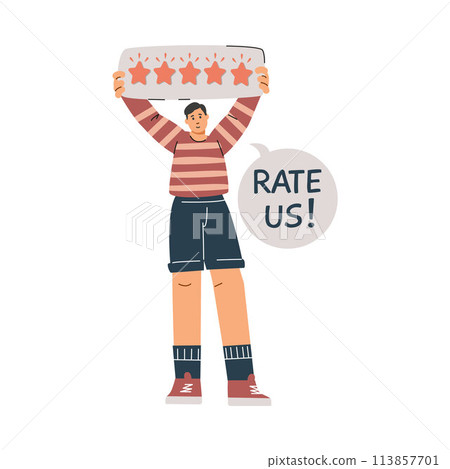 Rate us five stars positive feedback, customer ask review best rating, vector man standing and holding speech bubble 113857701