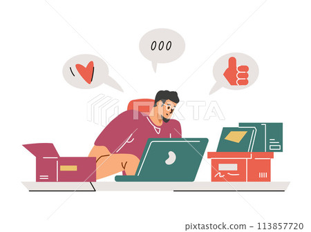 A vector icon with a young guy who leaves a high rating in an online service review. A vector icon with a young guy who leaves a high rating in an online service review. 113857720