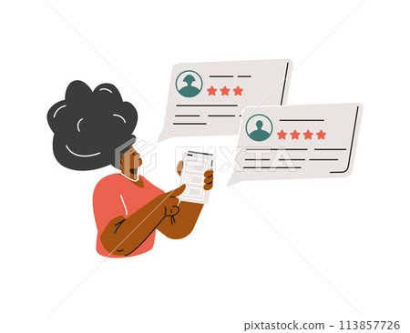 Woman giving stars feedback and choosing satisfaction rating on smartphone app, vector customer review rating feedback 113857726