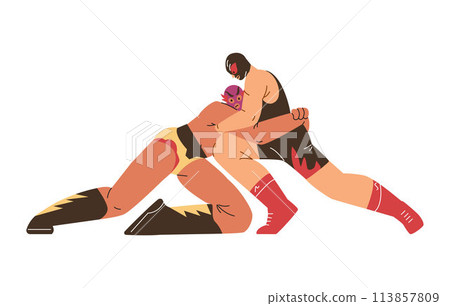 Two strong wrestlers men fighting in mask costume, vector cartoon Greco Roman wrestling battle, sport game competition 113857809