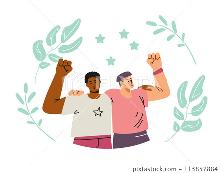 Vector icon with male activists hugged each other and raised their hands in the air with their fists clenched Vector icon with male activists hugged each other and raised their hands in the air with their fists clenched 113857884