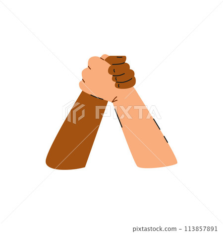 Vector illustration on a white background of two hands in a handshake, symbolizing respect and agreement Vector illustration on a white background of two hands in a handshake, symbolizing respect and agreement 113857891