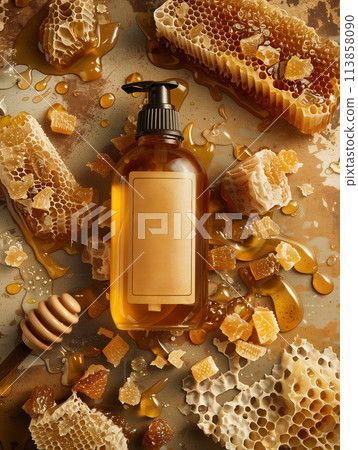 Composition with bottle of cosmetics in rich honey tones, pieces of beeswax, propolis, honey dipper Composition with bottle of cosmetics in rich honey tones, pieces of beeswax, propolis, honey dipper 113858090