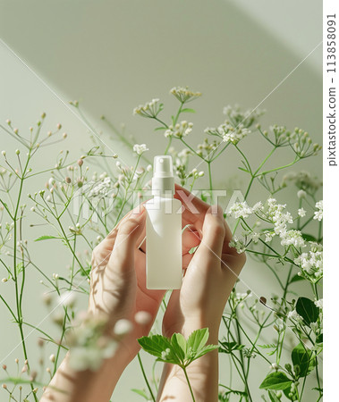 Hands holding skincare spray bottle with white flowers background. Organic cosmetic beauty concept 113858091