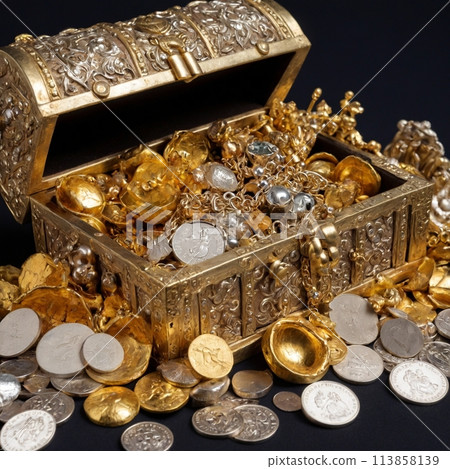 Gold and silver treasures and treasure chests Gold and silver treasures and treasure chests 113858139