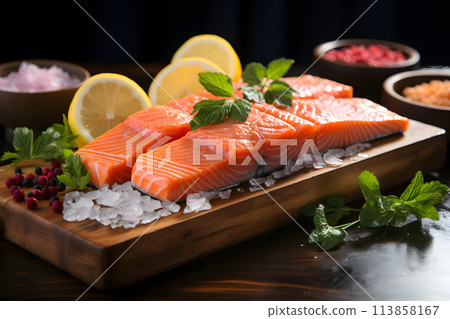 fresh fillet of red fish with herbs and lemon. meat diet. healthy food. 113858167