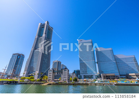 Yokohama cityscape in Japan, overlooking Yokohama Landmark Tower and Queen's Square in Minato Mirai 113858184