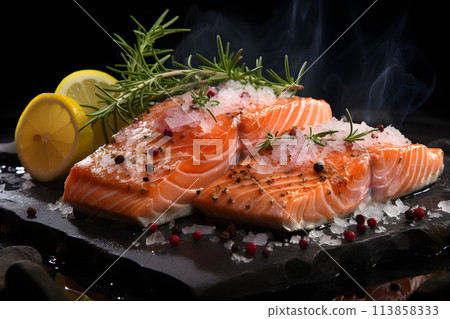 fresh fillet of red fish with herbs and lemon. meat diet. healthy food. 113858333
