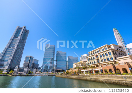 Yokohama cityscape in Japan. View of Yokohama Landmark Tower and Anniversaire in front of Sakuragicho Station. 113858430