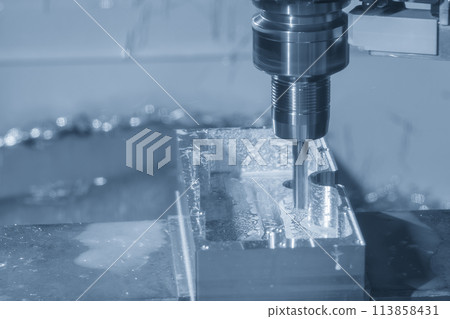 The CNC milling machine cutting mold part by solid flat end mill tool. The CNC milling machine cutting mold part by solid flat end mill tool. 113858431