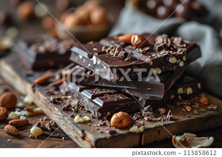 set of options for pieces of chocolate bars with different nuts. dessert food. 113858612