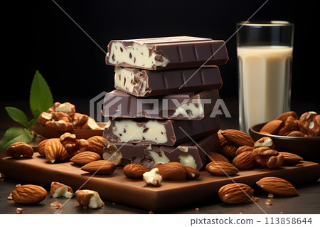 assortment of different types of chocolate with nuts. dessert food. assortment of different types of chocolate with nuts. dessert food. 113858644