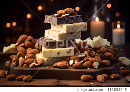 assortment of different types of chocolate with nuts. dessert food. 113858645