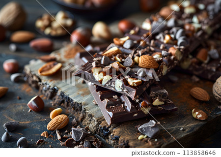 assortment of different types of chocolate with nuts. dessert food. assortment of different types of chocolate with nuts. dessert food. 113858646