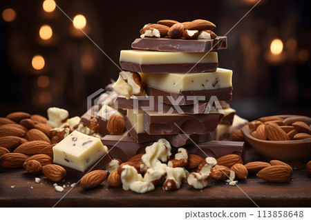 assortment of different types of chocolate with nuts. dessert food. 113858648