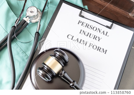 A personal injury claim form on a clipboard, accompanied by a stethoscope and medical scrubs, indicating health-related legal action. 113858760