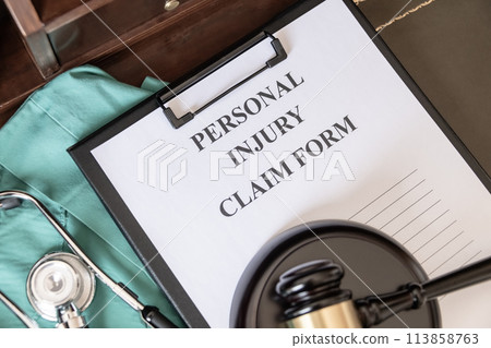 A personal injury claim form on a clipboard, accompanied by a stethoscope and medical scrubs, indicating health-related legal action. 113858763