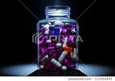 medical capsules with vitamins and medicines in jars. pharmacology and medicine 113858845