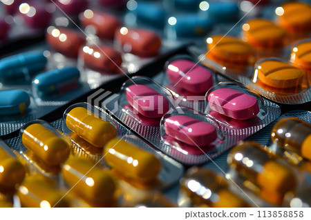 medical capsules with vitamins and medicines in a blister. pharmacology and medicine medical capsules with vitamins and medicines in a blister. pharmacology and medicine 113858858