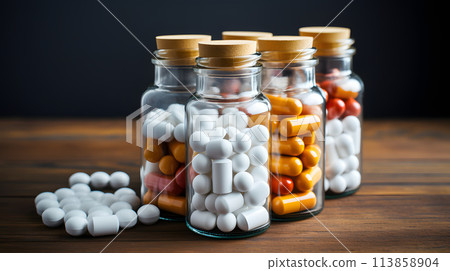 medical capsules with vitamins and medicines in jars. pharmacology and medicine medical capsules with vitamins and medicines in jars. pharmacology and medicine 113858904