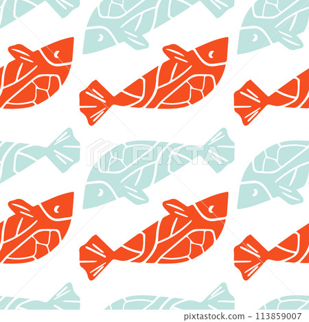 Seamless pattern fishes. Sea pattern with stamp fish. 113859007