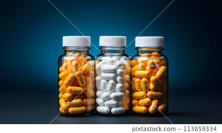 medical capsules with vitamins and medicines in jars. pharmacology and medicine 113859334