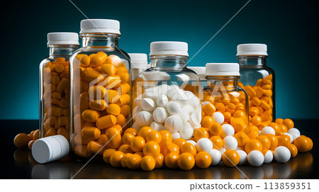 medical capsules with vitamins and medicines in jars. pharmacology and medicine 113859351