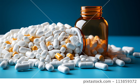medical capsules with vitamins and medicines in jars. pharmacology and medicine 113859372