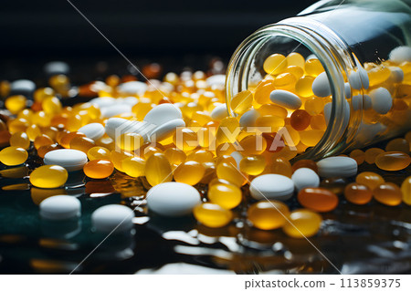 assortment of different medical capsules with vitamins and medicines. pharmacology and medicine 113859375