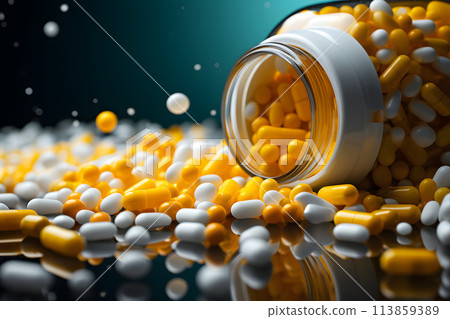 assortment of different medical capsules with vitamins and medicines. pharmacology and medicine 113859389