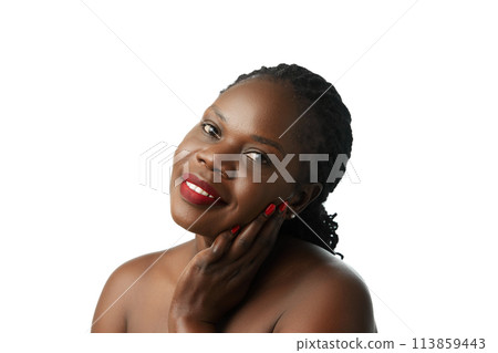 Portrait of elegant African woman with red lips, flawless spotless skin isolated on white studio background Portrait of elegant African woman with red lips, flawless spotless skin isolated on white studio background 113859443