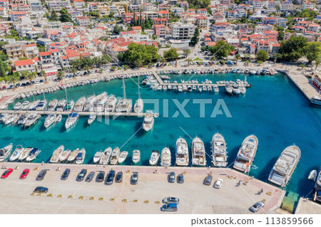 Aerial view of Baska Voda town with harbor in Makarska riviera, Dalmatia, Croatia 113859566