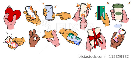 Human hands holding smartphones and various stuff vector doodle set 113859582