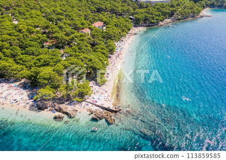 Punta Rata beach in Brela, Croatia, aerial view. Adriatic Sea with turquoise clean water and white sand on the beach. 113859585