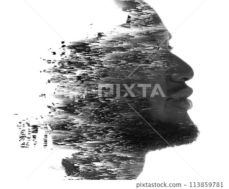 A black and white paintography profile disappearing into background pattern. 113859781