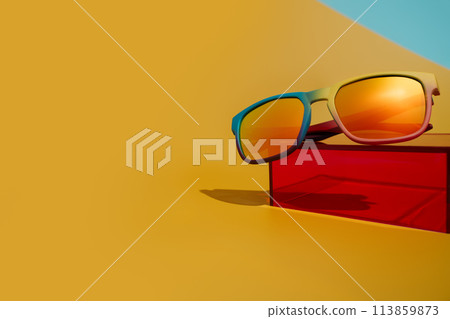 A stylish pair of sunglasses rest on a vibrant pink box, combining fashion and function in the realm of eyewear and vision care. Fun summer concept 113859873
