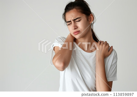 Woman with pain in shoulder, upper arm. Human body health problem banner. Female person is enduring awful ache. Upset lady with muscle, nerve pain symptoms holding a hand on painful zone injured point 113859897