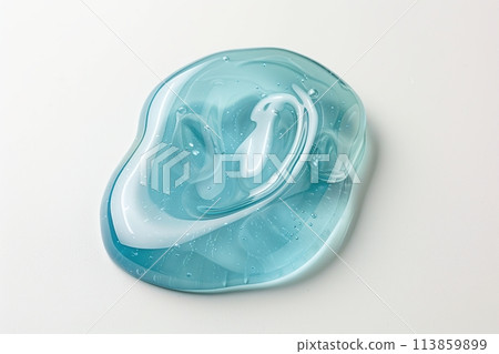 Gel. Blue gel texture with bubbles swoosh swatch sample cosmetics. Cosmetic product close up. Facial jelly serum, cleanser, shower gel or shampoo. Transparent drop isolate on white background. Liquid 113859899