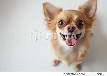 Cute and playful small dog Chihuahua sitting looking up with funny face on white studio background. Portrait of happy puppy having fun with its tongue out. Beautiful cute pup playing close up. Banner 113859966