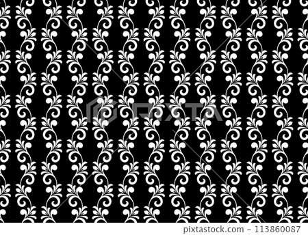 Flower geometric pattern. Seamless vector background. White and black ornament. Ornament for fabric, wallpaper, packaging. Decorative print Flower geometric pattern. Seamless vector background. White and black ornament. Ornament for fabric, wallpaper, packaging. Decorative print 113860087