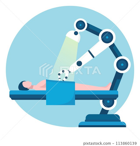 robotic surgical arm operating on a patient on a surgical bed. 113860139