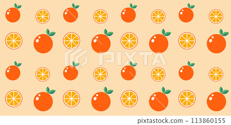 Orange seamless pattern with oranges and fruit slices abstract background repeating tile in flat vector style. Bright summer vibes fashion fabric print design. Seasonal backdrop or gift wrapping 113860155