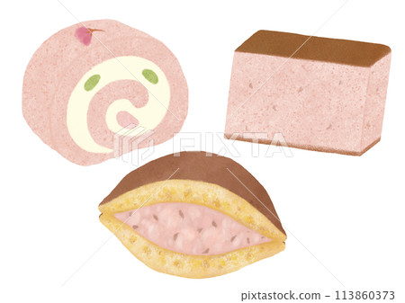 Watercolor illustration of cherry blossom-flavored sweets 113860373