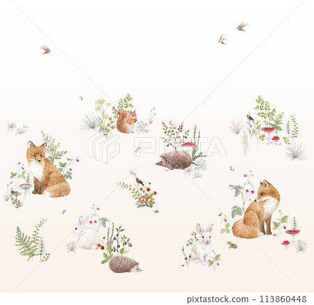 Large size wall mural with hand drawn watercolor forest animals and plants. Stock illustration. Large size wall mural with hand drawn watercolor forest animals and plants. Stock illustration. 113860448