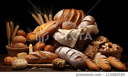 assortment of fresh bread on wooden table 113860584