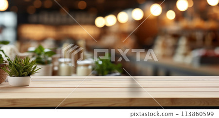 Abstract blurred of department store with empty wooden table top background. Template for product display. Copy space. 113860599