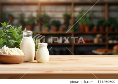 Dairy products in bottle on wooden table top and abstract blurred background of supermarket. Template for product display. Copy space. 113860600