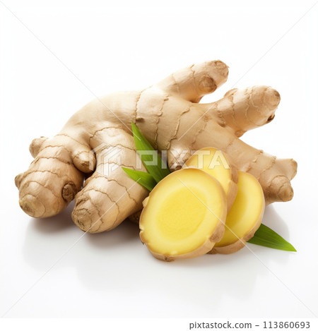 fresh ginger root with slice isolated on white 113860693